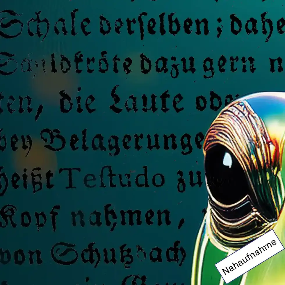 Miniaturbild: Nahaufnahme & Ausschnitt: Testudo, der bunte Schutz Schildkröten Wandbilder mit antiken Buchseiten Wortfeger Atelier