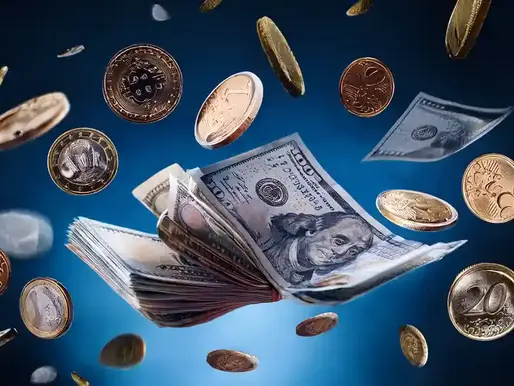 Geldnoten und Münzen fliegen durch die Luft, Blog über: Wie negative Geldgedanken unseren Erfolg blockieren und das Leben schwer machen, Wortfeger Atelier