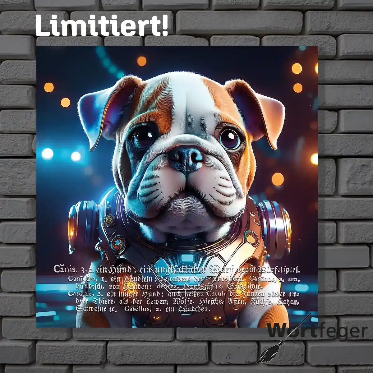 Witziges Design: Canis, der bullige Begleiter Bulldoggen-Wandbild für Beständigkeit, lateinischem Buchtext Wortfeger Atelier