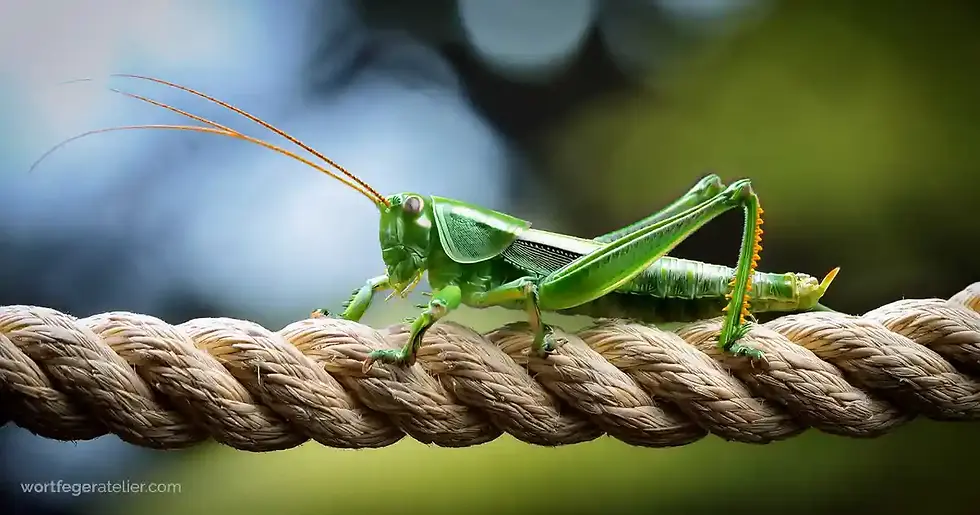 Ein grüner Grashüpfer sitzt auf einem dicken Seil, Blogbild zur literarischen Kurzgeschichte als Reizwortstory, kostenlos lesen und selbst kreativ schreiben, Blog Wortfeger Atelier