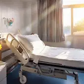 Ein leeres Krankenhausbett in einem Spitalzimmer, Licht fällt durch das Fenster und Blumen stehen auf dem Nachttisch, Blogartikel über die Warnsignale eines überreizten Nervensystems bei Hochsensibilität (HSP), wie Stress, fehlende Resilienz, Kopfschmerzen, Burn-out, Blog Wortfeger Atelier