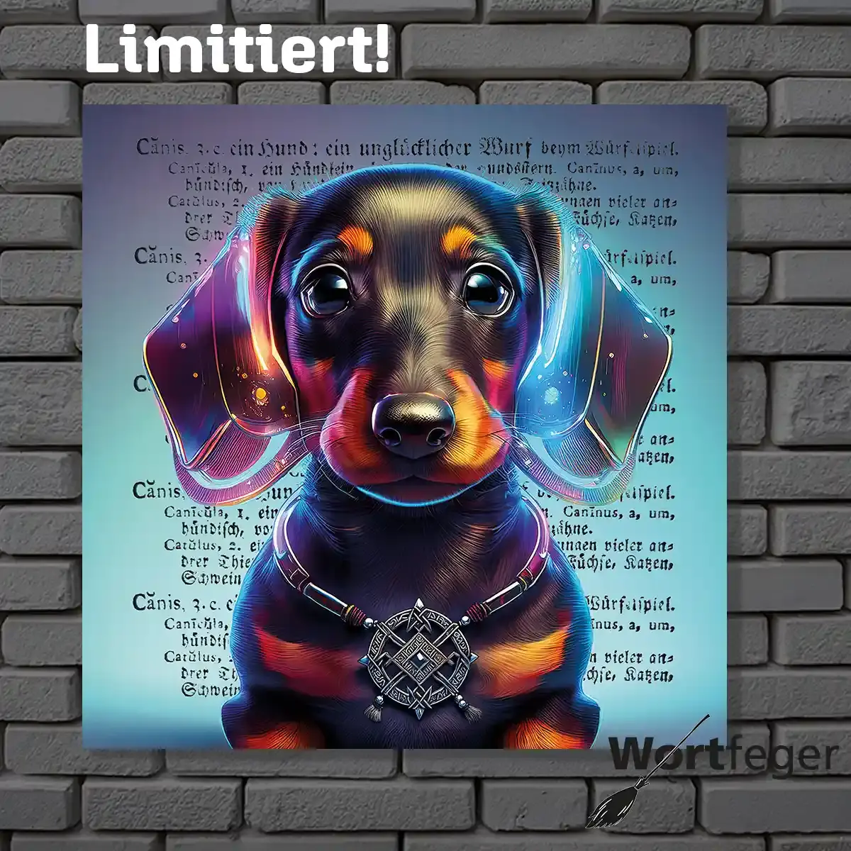 Geschenkidee Hundefreunde: Canis, der keltische Beschützer Dackel-Wandbild mit alter Buchseite Wortfeger Atelier