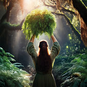 Eine keltische Druidin erntet im dichten Urwald des alten Helvetien auf dem Etzelpass Misteln, viel Farn, verhangende Bäume, warmes Licht dringt durch den dunklen Wald - literarische Schweizer0geschichte Wortfeger Atelier