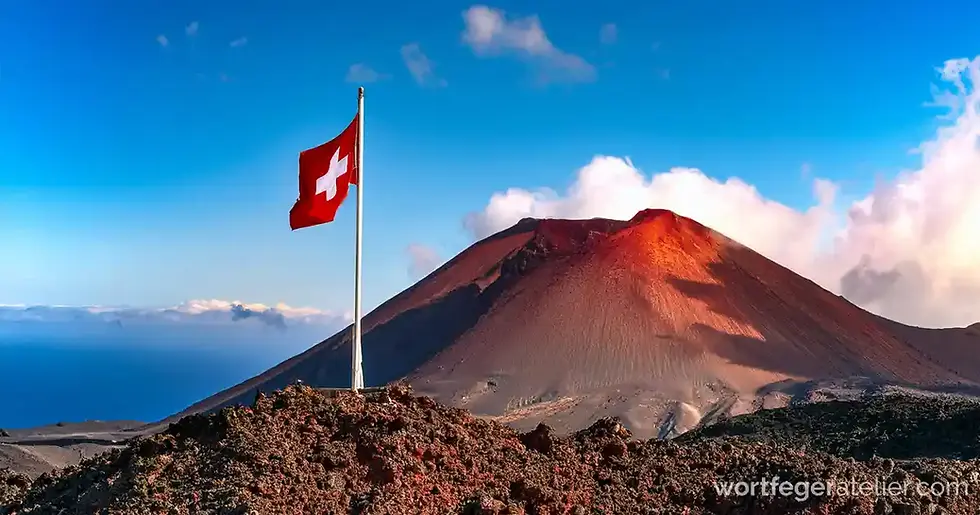Ein rot schimmernder Vulkan in der Abendsonne, sanfte Wolken am Himmel, Schattenspiel auf der kargen Mondlandschaft, im Hintergrund das Meer, pures Lanzarote-Feeling (KI-generiert) und im Vordergrund die Schweizer Flagge im Passatwind wehend, Blogbild zum Schweizer Nationalfeiertag in der Ferne auf den kanarischen Inseln, Wortfeger Atelier