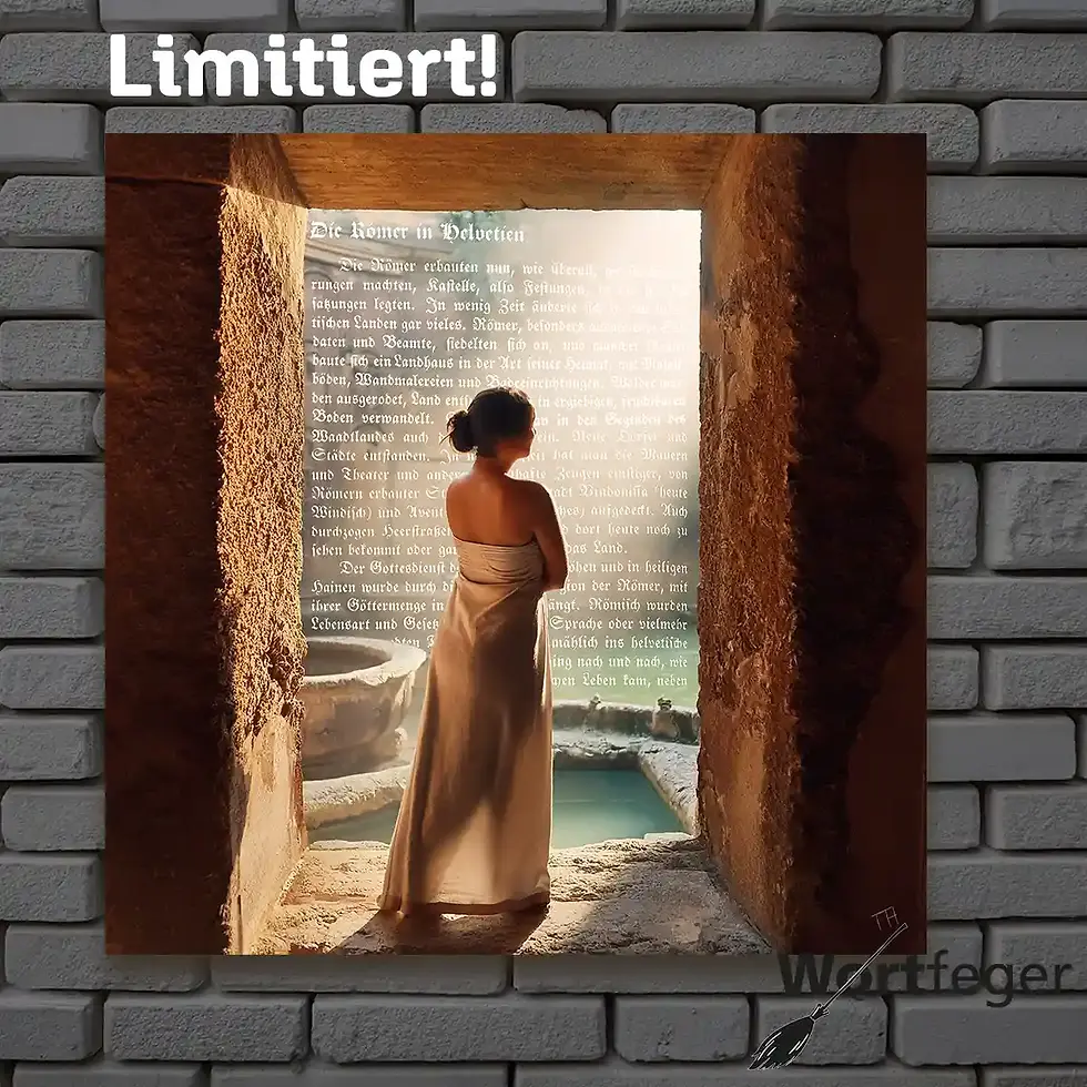 Mockup des limitierten Wandbildes, eine Frau umhüllt in einem Leinentuch steht in der Sonne, die über den Innenhof auf eine römische Badeanstalt scheint, passend zur literarischen Wandbildgeschichte aus dem alten Helvetien im Wortfeger Atelier