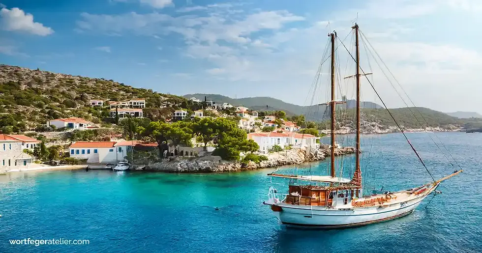 Ein schönes altes Segelschiff in der Adria, türkisblaues Meer, mediterrane Häuser an der Küste, Blogbild zur Reizwortstory: Ein Schiff wird kommen ... Kreatives Schreiben mit interaktiven Schreibjournal mit Reizwortaufgaben, Wortfeger Atelier
