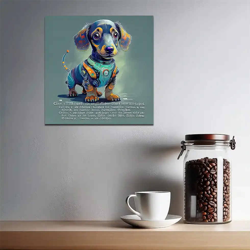 Miniaturbild: Dachshund Deko: Canis, Dackelin Amia Kuschelhund Wandbild mit antiken Büchern Wortfeger Atelier