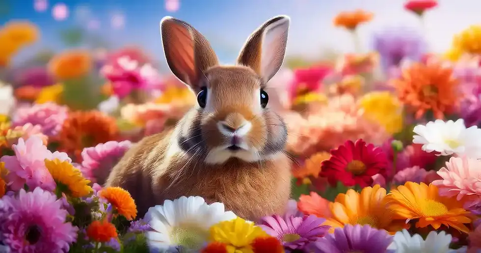 Ein süsses Kaninchen mitten in bunten Blumen, Blogbild zu "Frühling, Licht und Ostertage für hochsensible Sinne - Wortfeger Atelier