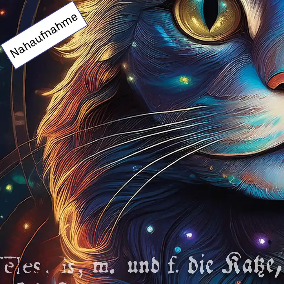 Miniaturbild: Ausschnitt & Nahaufnahme: Felix Astrocat Katzen-Wandbild Astrologie & Horoskope mit altem Buchtext Wortfeger Atelier