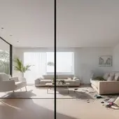 Ein zweigeteiltes Zimmer, links minimalistisch eingerichtet, sehr ordentlich, sauber und hell mit Blick in die Natur, rechts sehr unordentlich, der Boden ist schmutzig, Kleidungsstücke liegen am Boden, ein unordentliches Regal, Blogbild zum Thema, warum Menschen mit Hochsensibilität Ordnung, Sauberkeit und Struktur brauchen, um sich wohlzufühlen, Wortfeger Atelier