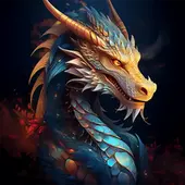 Ein mystischer Drache in Gold und Blau vor dunklem Hintergrund, der eigenwillig und selbstsicher schaut, Blogbild zu "Drachen als Krafttiere für Selbstfürsorge", Wortfeger Atelier