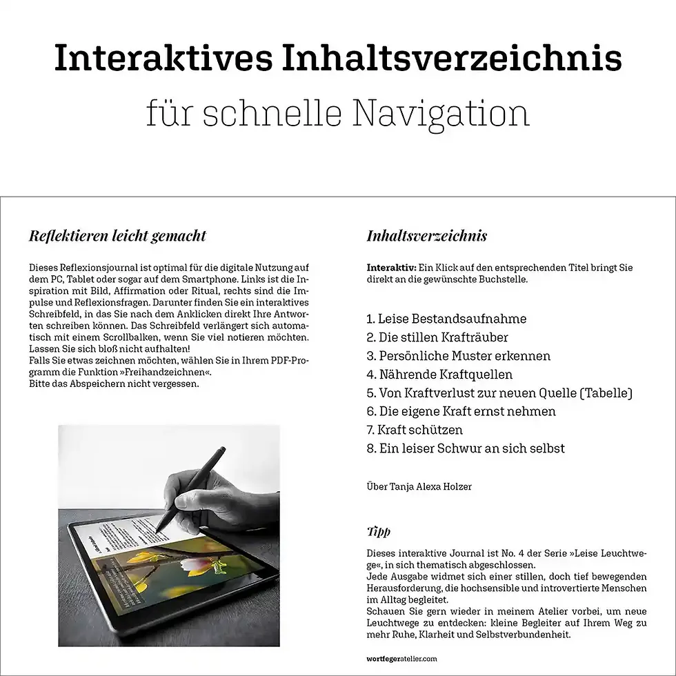 Miniaturbild: Inhaltsverzeichnis Reflexionsjournal: Leise Leuchtwege für hochsensible Menschen Thema Kraftquellen Wortfeger Atelier