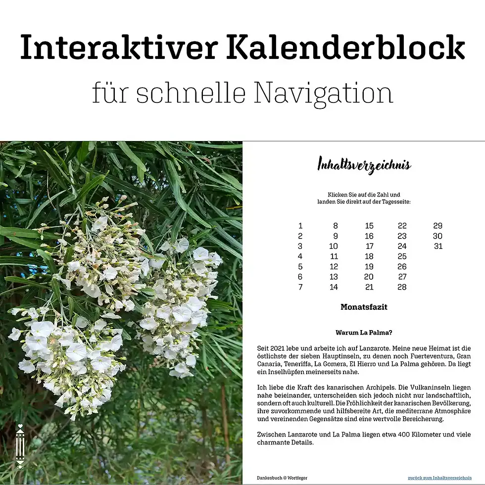Miniaturbild: Navigation per Klick: Dankesjournal Fotos Santa Cruz de La Palma digitales Tagesbuch Wortfeger Atelier