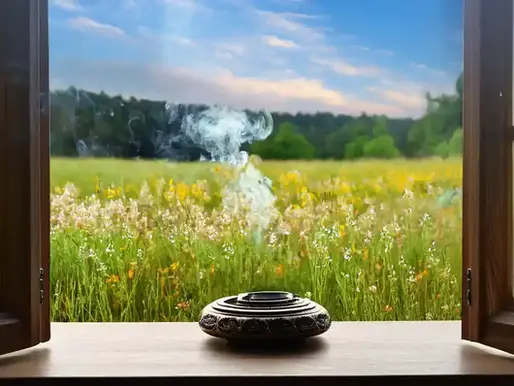 Ein Räuchergefäß steht auf der Fensterbank, das Fenster ist geöffnet, draußen sind eine blühende Sommerwiese und am Horizont Wald zu sehen, Blogbild zu "Räucherritual zur Sommersonnenwende und San Juan auf Lanzarote", Wortfeger Atelier