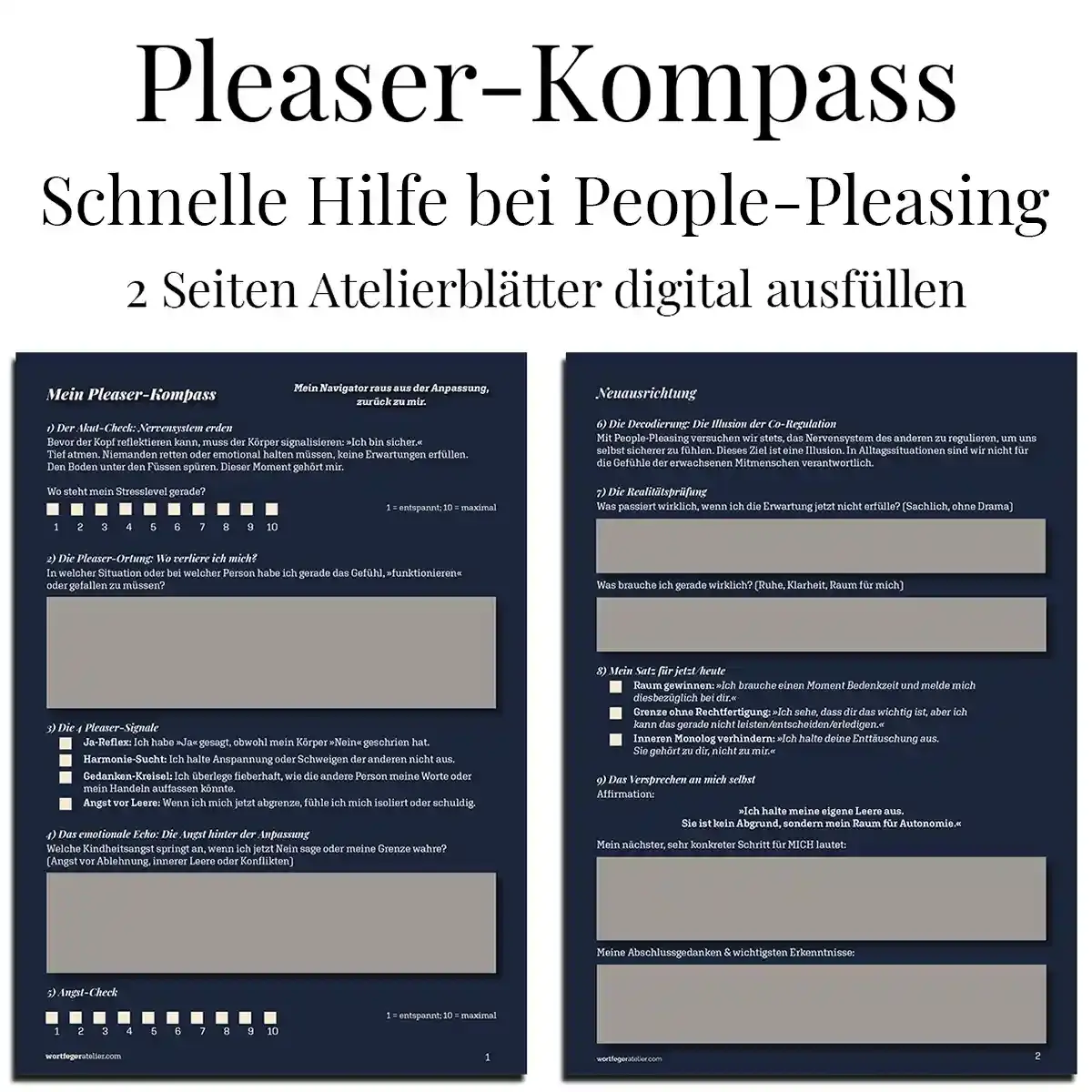 interaktive Workpaper: Pleaser-Kompass schnelle Hilfe bei People-Pleasing digitale Arbeitsblätter Wortfeger Atelier