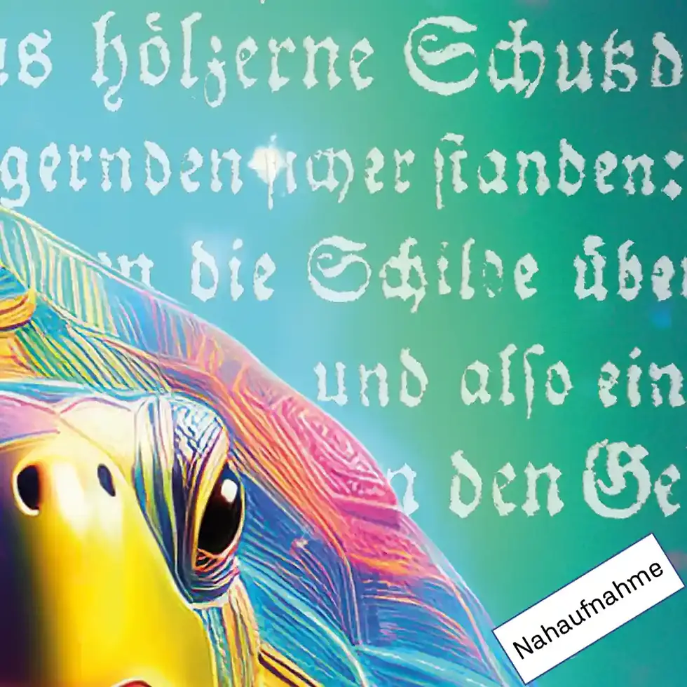 Miniaturbild: Ausschnitt, Nahaufnahme: Testudo die Neugierige Schildkröten Wandbilder Kunst mit antiken Büchern Wortfeger Atelier