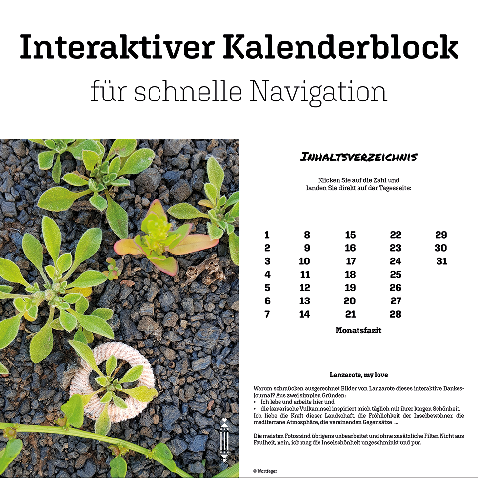 Miniaturbild: Inhaltsverzeichnis: Dankesjournal Lanzarote für Dezember interaktives PDF Wortfeger Atelier