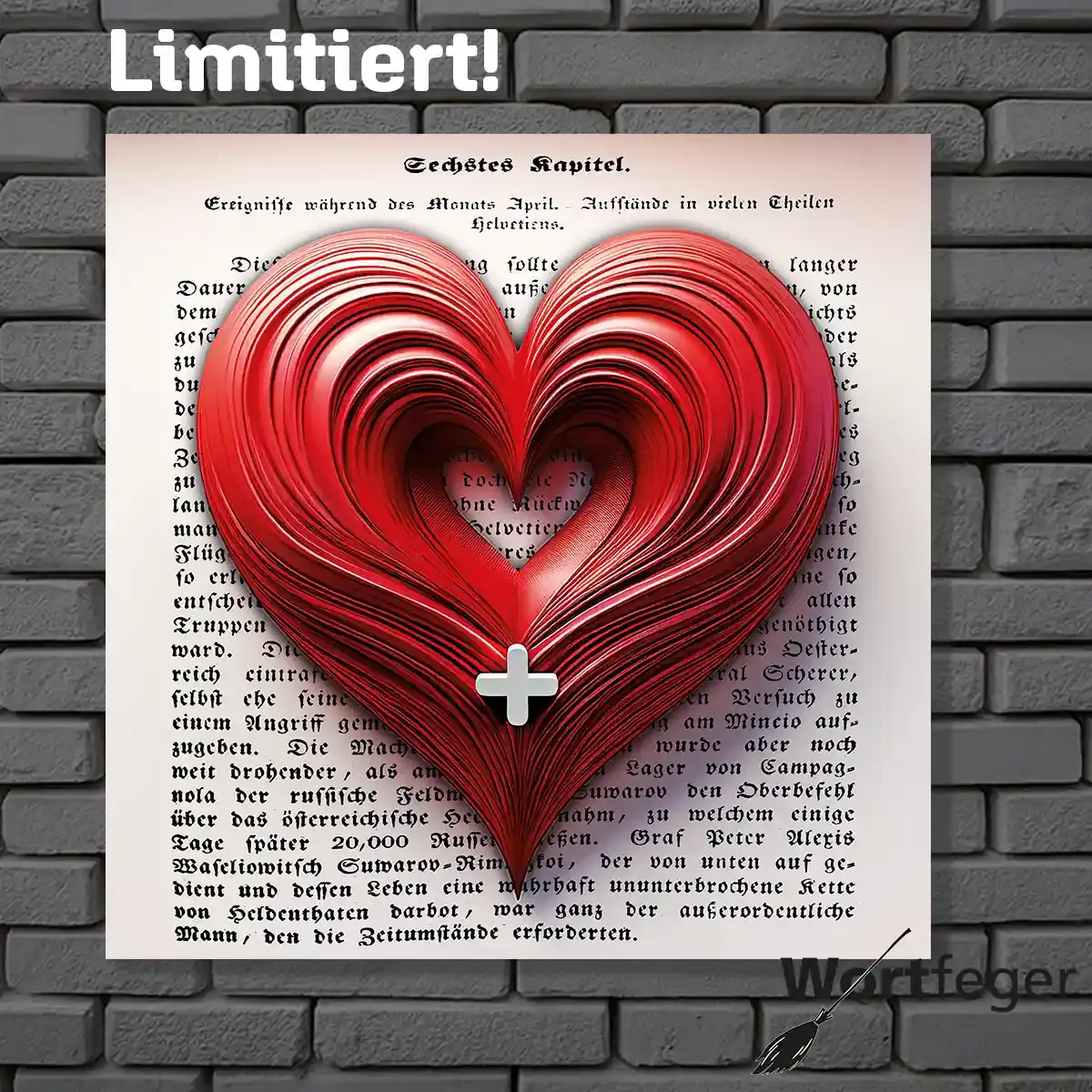 Schweizer Geschenkidee: Helvetisches Herz 1. August Nationalfeiertag Wandbild mit Literatur Wortfeger Atelier