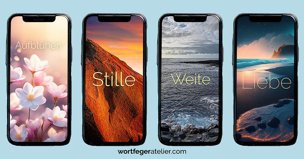 Vier Handy mit unterschiedlichen Hintergrundbildern und Wallpaper, inspirierend und mit Affirmationsworten, die im Alltag stärken - Blog Wortfeger Atelier