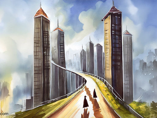 Ein Bild wie ein Gemälde, mit grauen Wolkenkratzern und im Hintergrund schemenhaft Hochhäuser, ein Weg mit Wegbiegung mitten durch das Grau dieser Stadt. Zwei Menschen gehen den Weg vorwärts. Blogbild zu einer Reizwortgeschichte zu meinem interaktiven Schreibbuch "Zaubermaus" mit 30 Reizwortaufgaben für kreatives Schreiben, Wortfeger Atelier