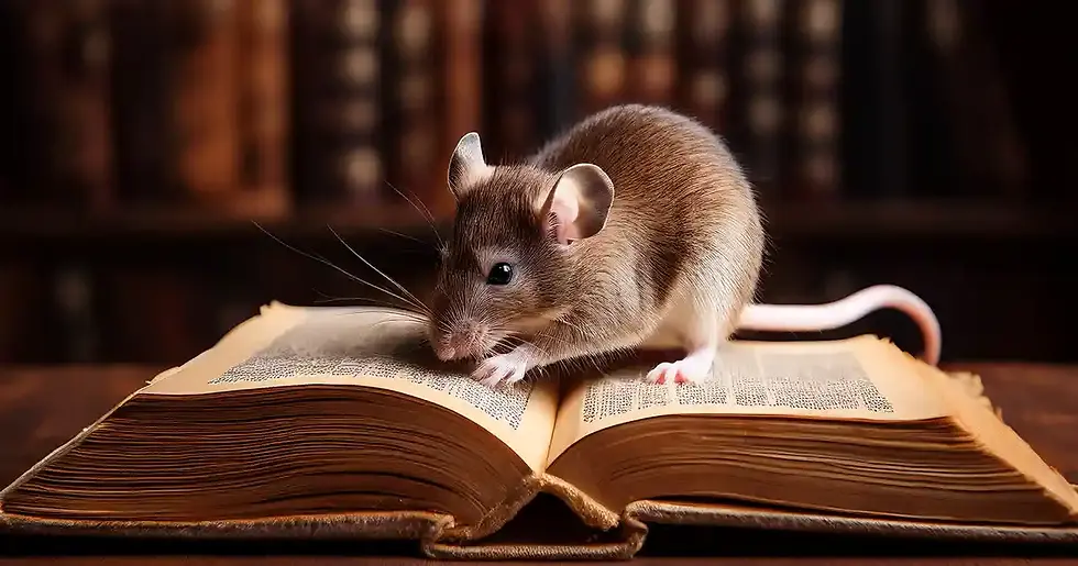 Eine Maus sitzt auf einem antiken Buch in einer Bibliothek, Blogbild für Artikel: 7 sichere Wege, Ihre Bücher ins Verderben zu stürzen - Wortfeger Atelier