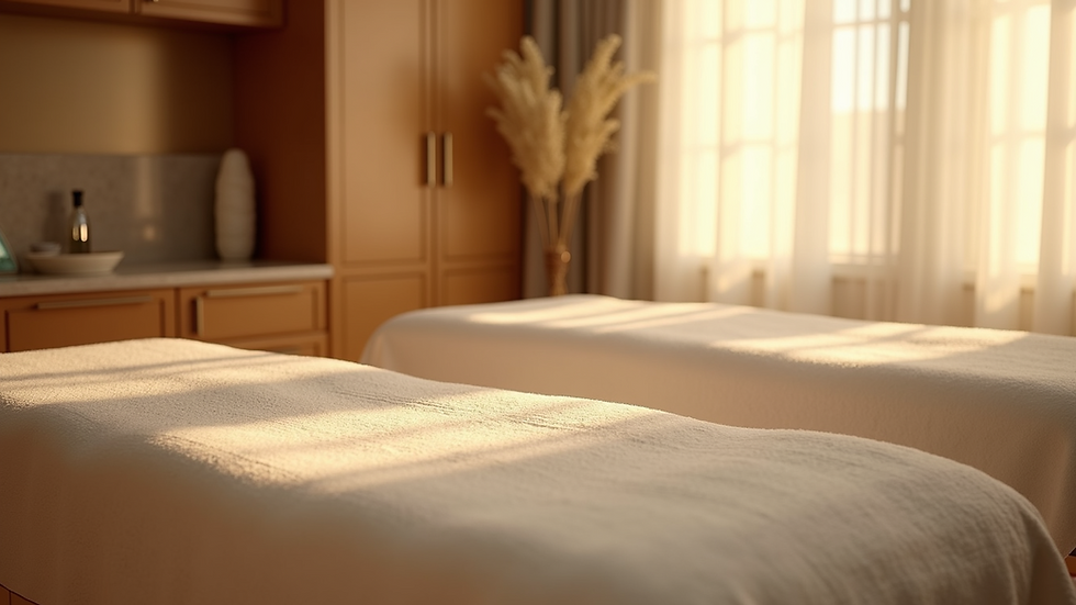 Eye-level view of a serene spa treatment room with soft lighting