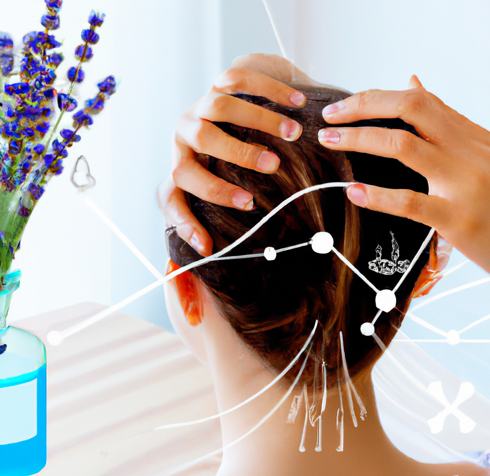 A photo of a woman with dark hair facing away from the camera. There are lavender blooms in a vase next to her. Essential oil is being massaged into her hair.