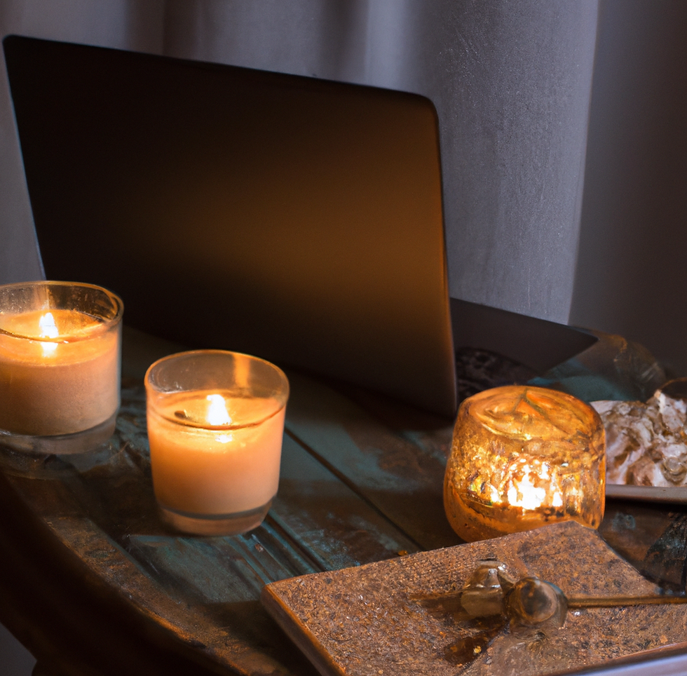 Lit candles on a wooden desk next to a laptop.