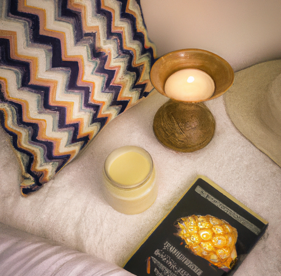 Pillows and candles with a book in the bottom corner.