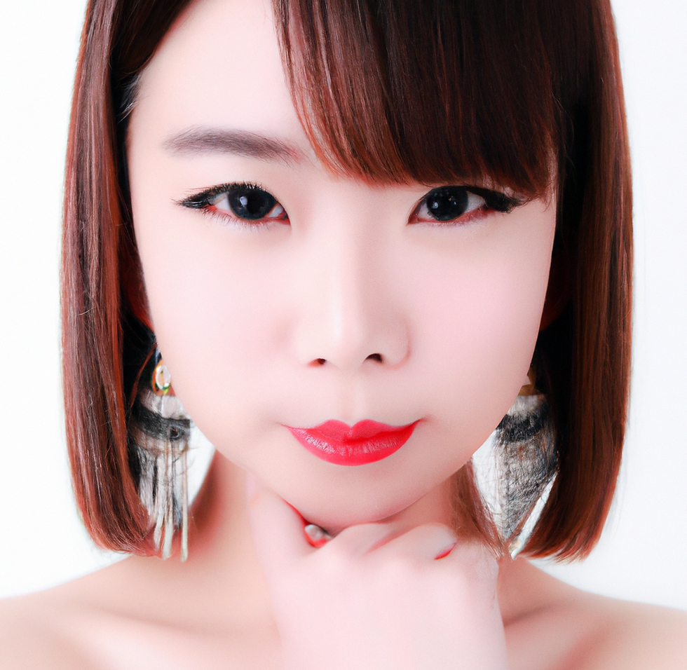 A woman with red-brown hair and bright red lipstick. She has her hand under her chin and is staring directly at the camera. She has feather earings.