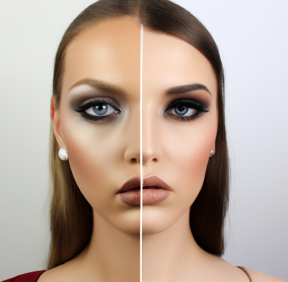 A split image of a woman wearing two types of makeup. She has a bright white pearl earring and deep blue eyes.