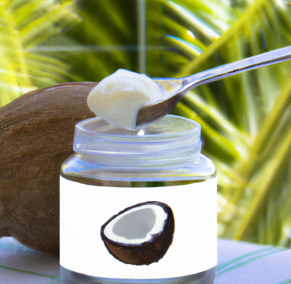 Jar of essential coconut oil with palm tree fronds in the background next to a brown husk-free coconut.