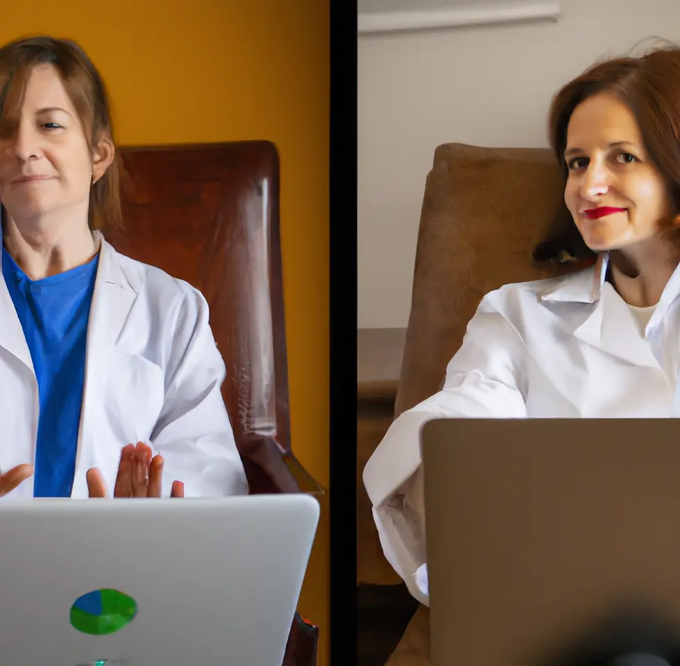 Two professional doctors in lab coats sitting in leather chairs. The doctors are woman with the overall mood of the photo being helpful and comforting.
