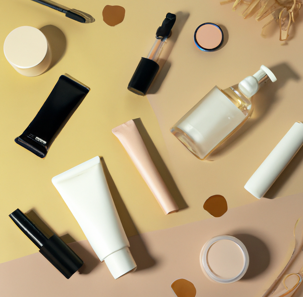 Makeup and lotions laying horizontal on a table.