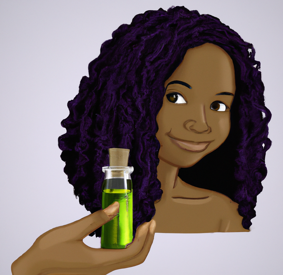 Cartoon of a young lady with dark hair holding a bottle of essential oils.
