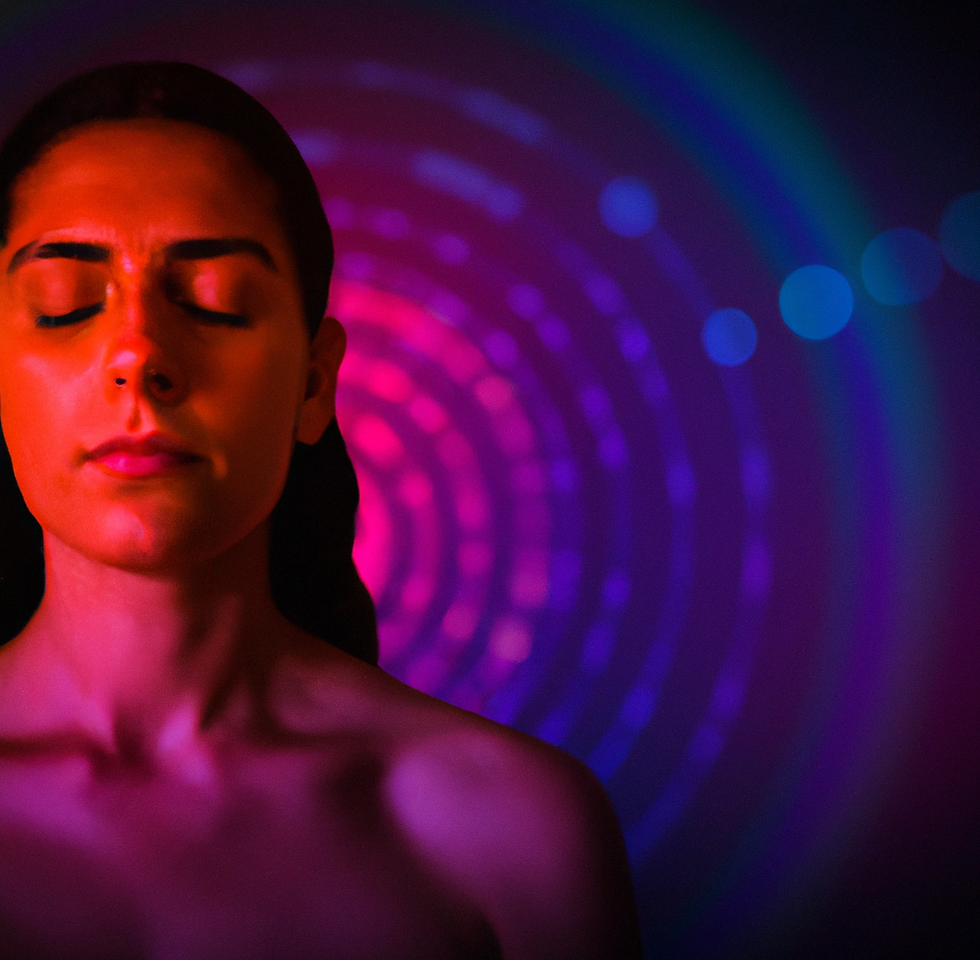A young woman meditating with closed eyes with a spiral of light in the background.