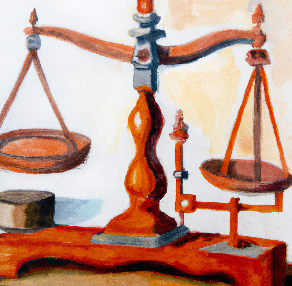 A drawing of an old beam scale. The scale is an orange red and set against a beige wall.