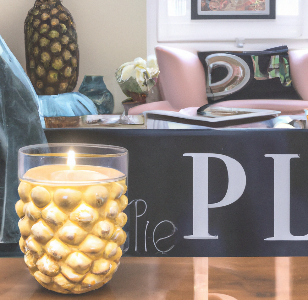 A lit pineapple shaped candle on a table with a couch in the background.