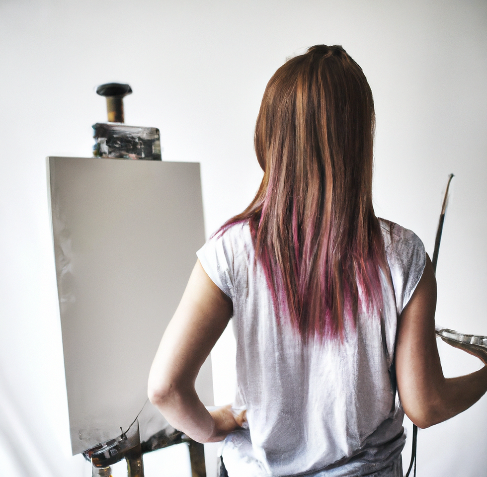 A young attractive woman in front of an easel.