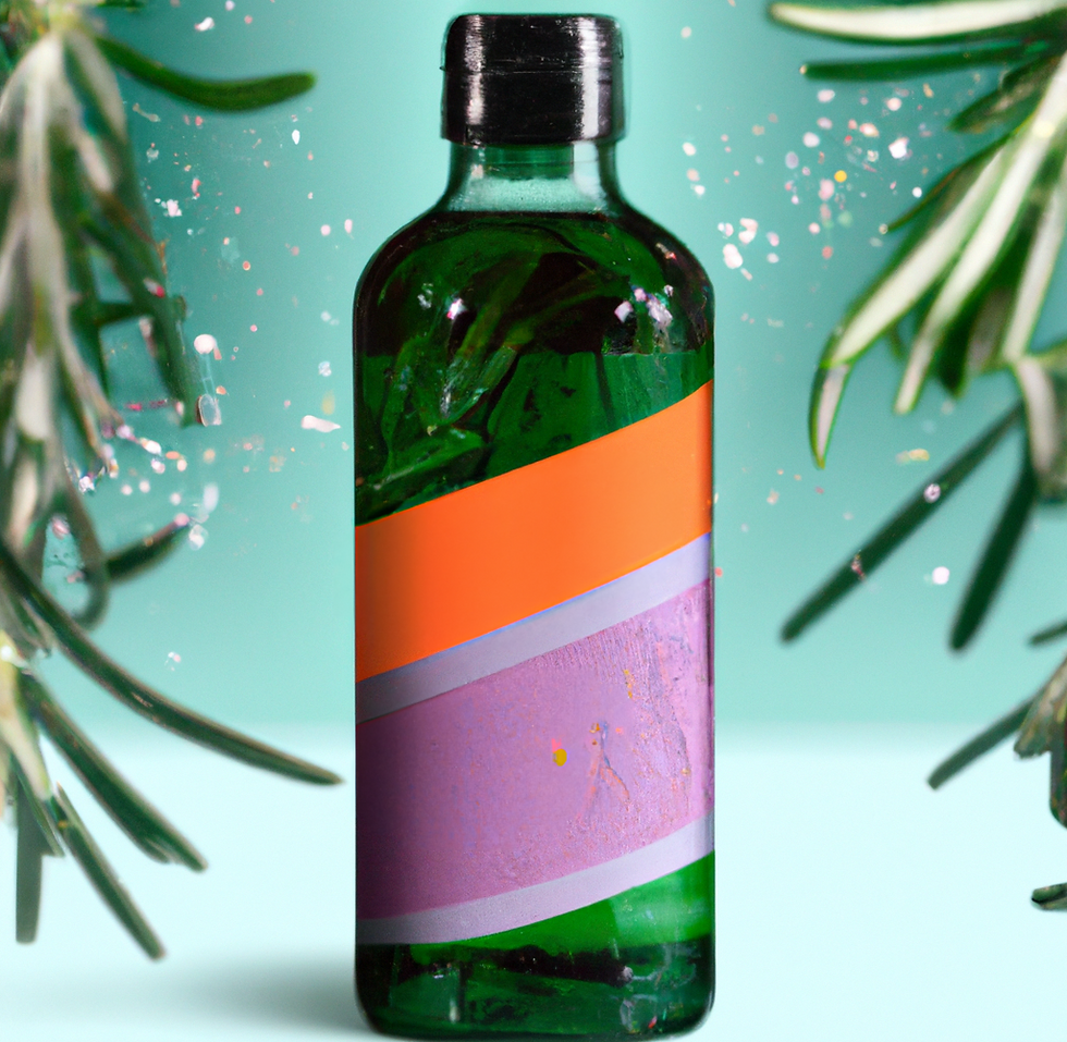 A transparent green bottle of essential oils with a green and purple striped label. The background has green leaves and a blue background.