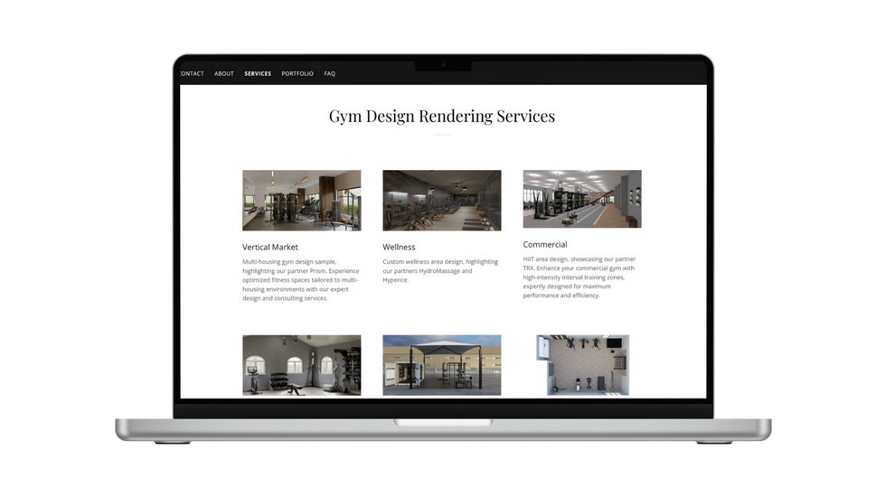 Services page web design for Gym Spaces Design by Caroline Kornberg, highlighting gym layout planning, consulting services, and 3D visualization.