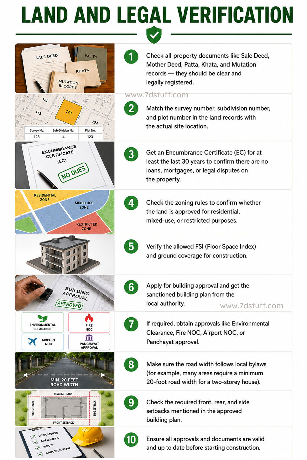 Land and legal verification checklist showing property document verification, encumbrance certificate, zoning approval, FSI check, building permits, and setback requirements before house construction.