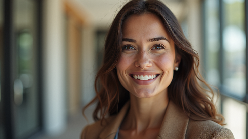 Eye-level view of a woman smiling confidently in a stylish outfit