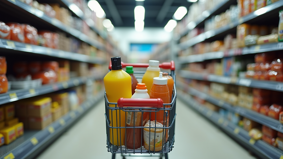 Eye-level view of a shopping cart filled with groceries in a supermarket aisle