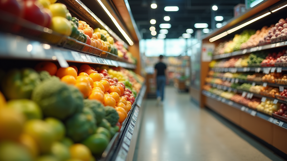 Eye-level view of grocery store aisle with colorful fresh produce