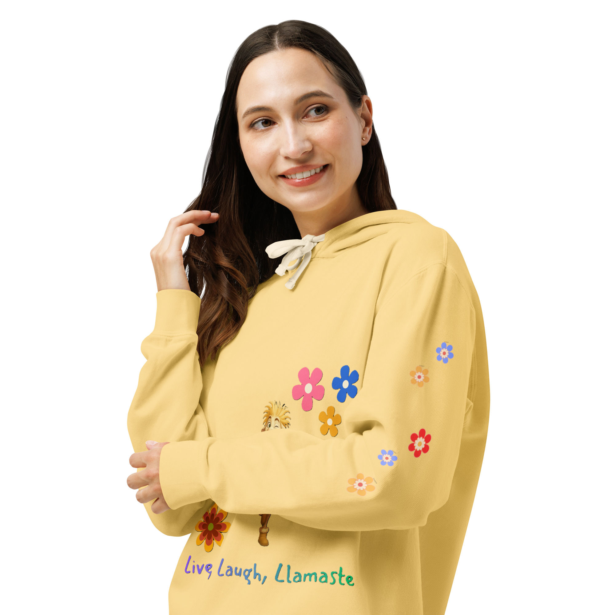 Live, Laugh and Llamaste in this Unisex Garment-Dyed Lightweight Hoodie