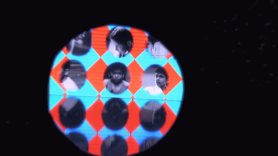 Looping video inside tableau 5. the video is mirrored infinitely because of the mirrored interior of the tableau