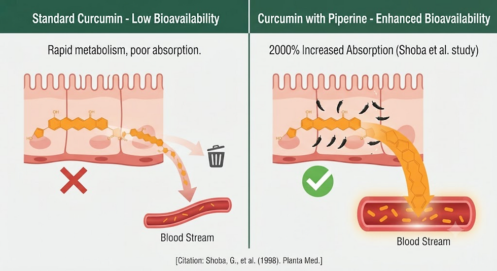 "Scientific infographic comparing the bioavailability of standard curcumin versus curcumin enhanced with piperine, showing significantly higher absorption in the bloodstream."