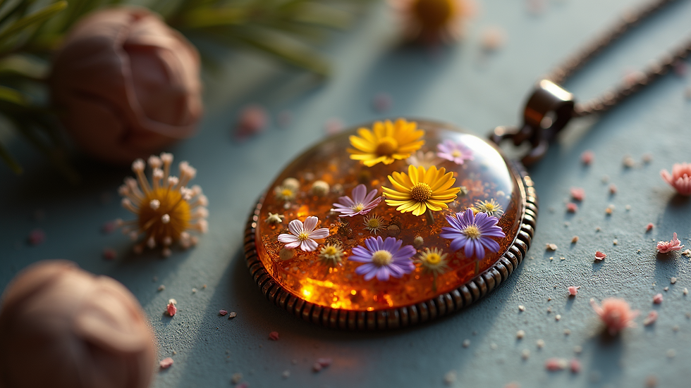 Close-up view of a handcrafted resin pendant with embedded natural flowers