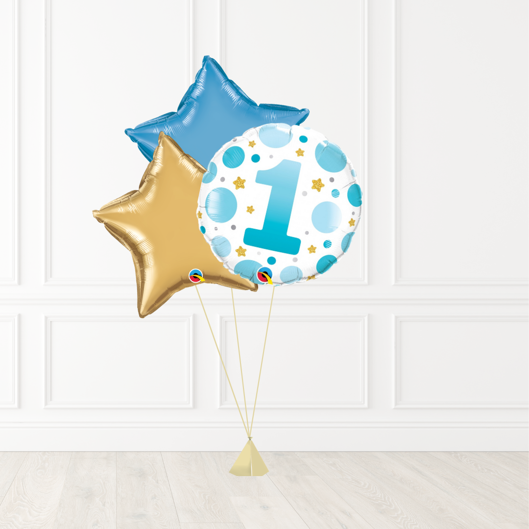 3 Foil Boys Blue & Gold 1st Birthday Balloon Bunch